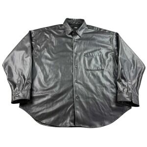 AZUL BY MOUSSY Shirt Men L Black Faux‎ Leather Button Down Chest Pocket Collared